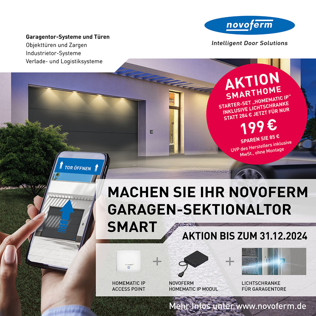 Annonce Aktion Smart Home: Novoferm Garagen-Sektionaltor per Smart Home steuern mit der Homematic IP App steuern.